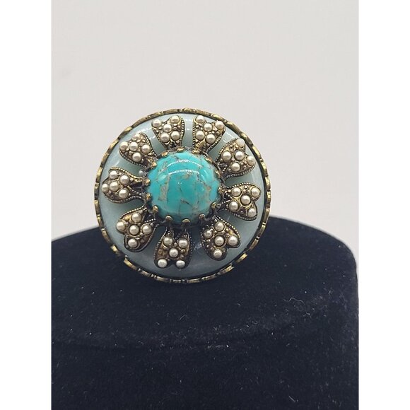 OLLIPOP USA Faux Turquoise Pearl Round Brass Ring Ornate Scroll Floral - Picture 1 of 13